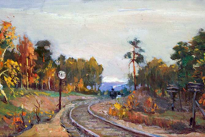 работа художника В.Ф.Еремина фрагмент поезд на железной дороге